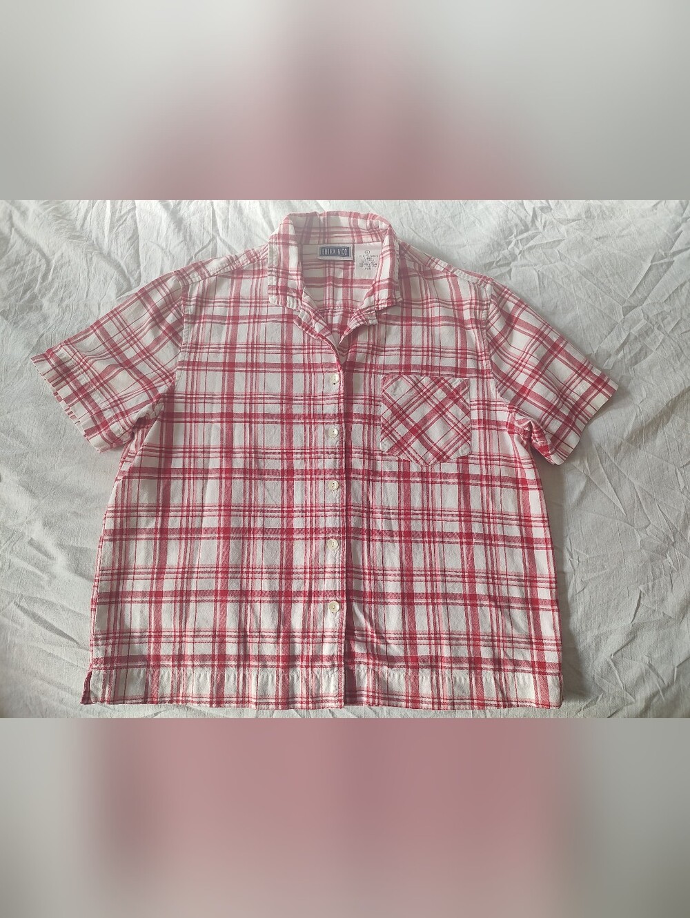 Erica And Co Large Red White Short Sleeve Red Plaid Button Casual Shirt 100% Cot